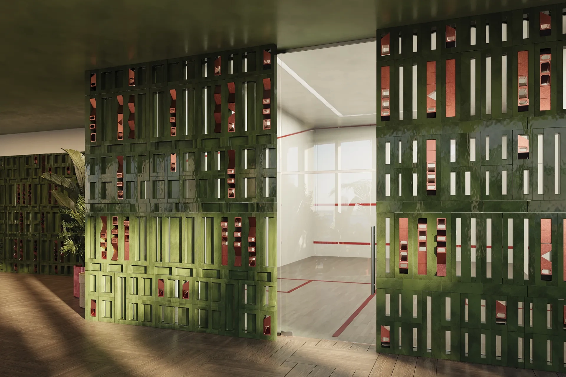 <h3>Match Point</h3>
<p>A squash court fit for singles or doubles offers residents a place to work on their backhand. </p>